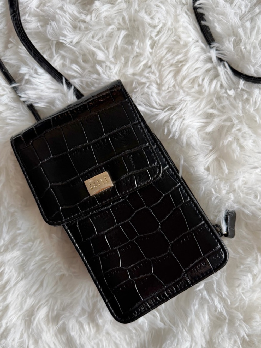 Crazy Horse Croc Embossed Phone Crossbody Bag Wallet Black Hands Free